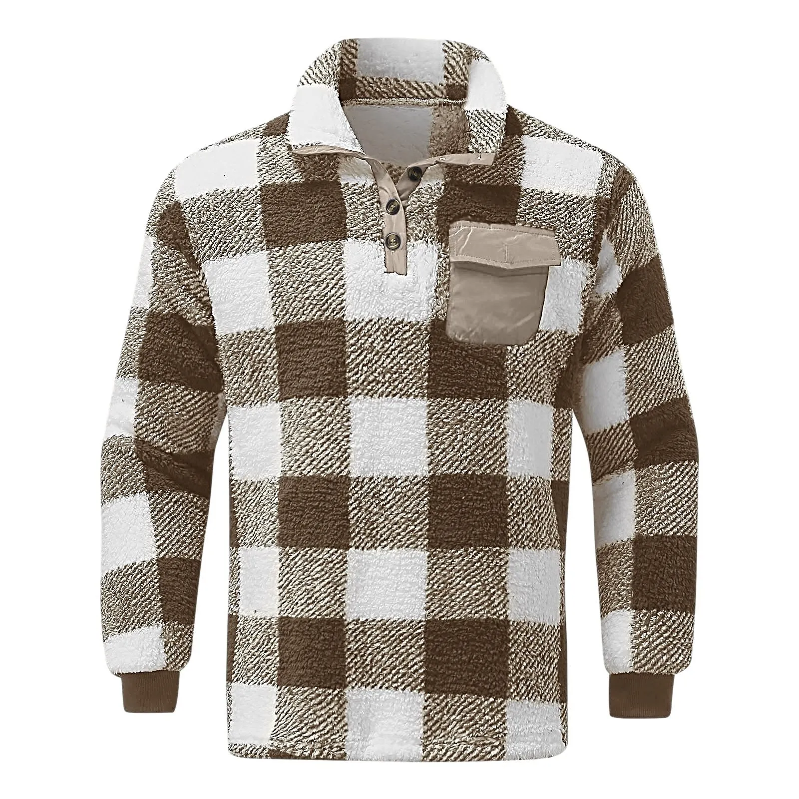 Men Plaid Jacket Winter Rurn down Neck Plush Sweater Men Button Pullover Plush Sweater with Pocket Outwear Windproof