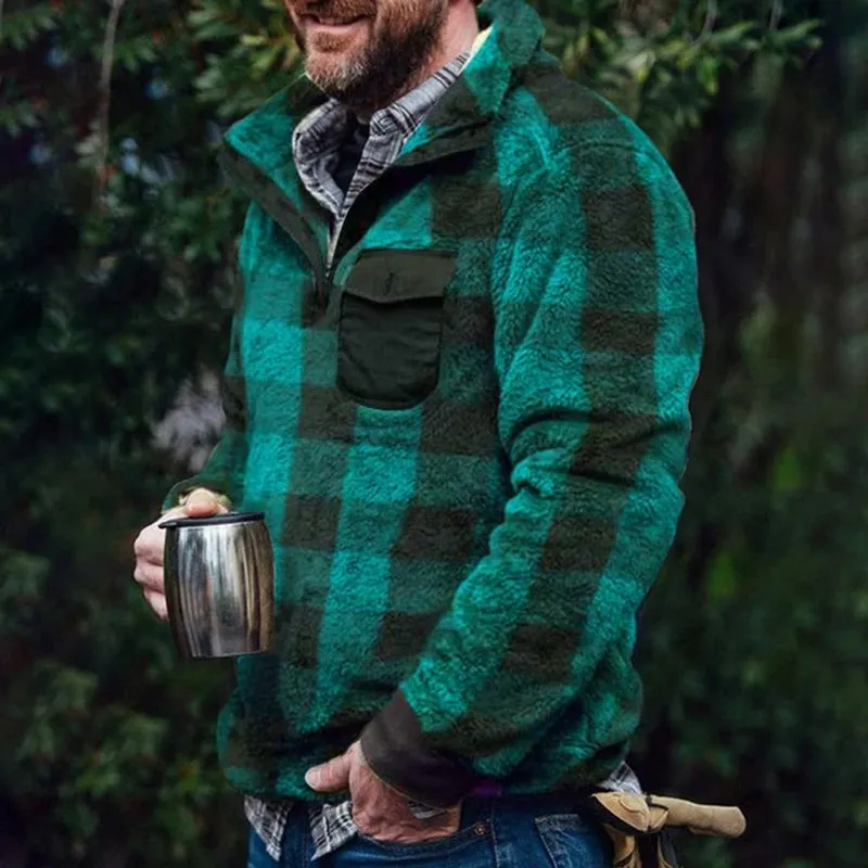 Men Plaid Jacket Winter Rurn down Neck Plush Sweater Men Button Pullover Plush Sweater with Pocket Outwear Windproof