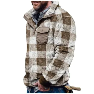 Men Plaid Jacket Winter Rurn down Neck Plush Sweater Men Button Pullover Plush Sweater with Pocket Outwear Windproof