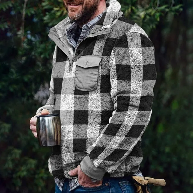 Men Plaid Jacket Winter Rurn down Neck Plush Sweater Men Button Pullover Plush Sweater with Pocket Outwear Windproof