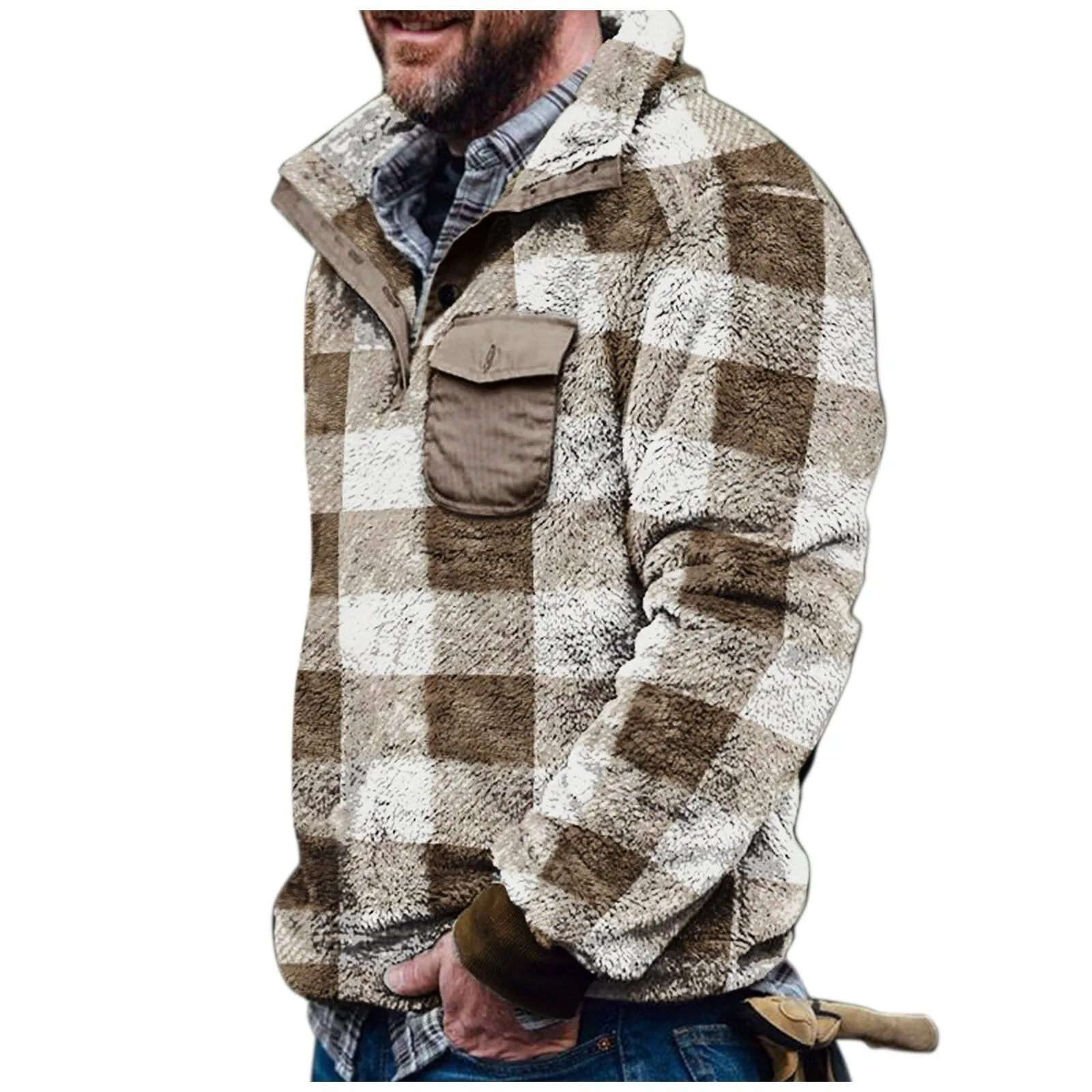 Men Plaid Jacket Winter Rurn down Neck Plush Sweater Men Button Pullover Plush Sweater with Pocket Outwear Windproof