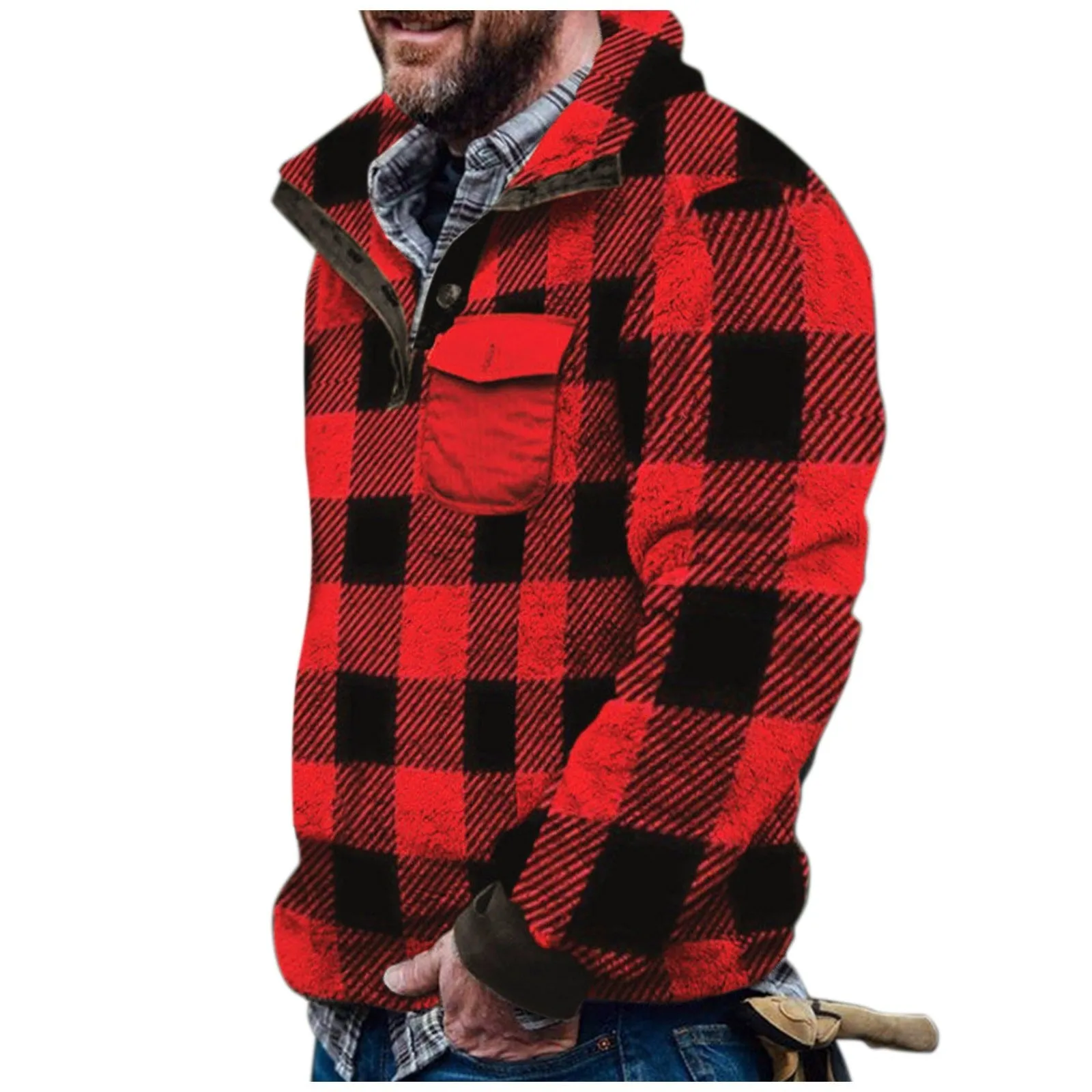 Men Plaid Jacket Winter Rurn down Neck Plush Sweater Men Button Pullover Plush Sweater with Pocket Outwear Windproof
