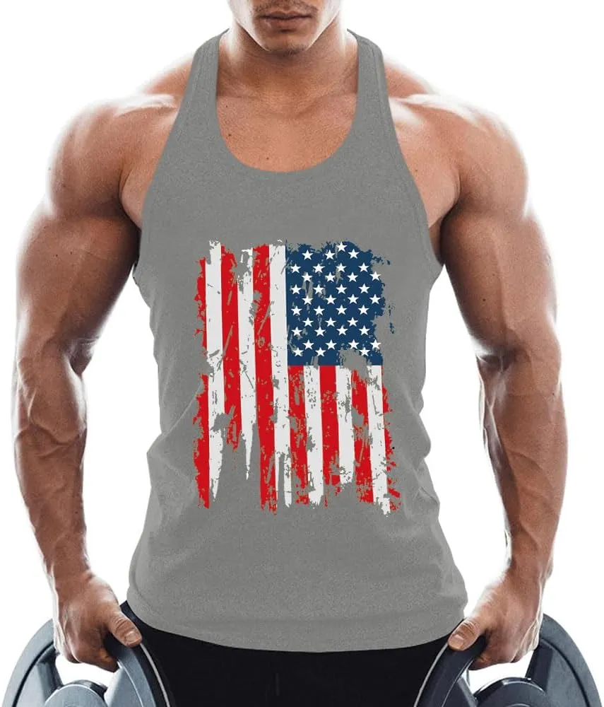Men's American Flag Tank Tops Y-Back Sleeveless Muscle Stringer Graphic Gym Workout USA Tank