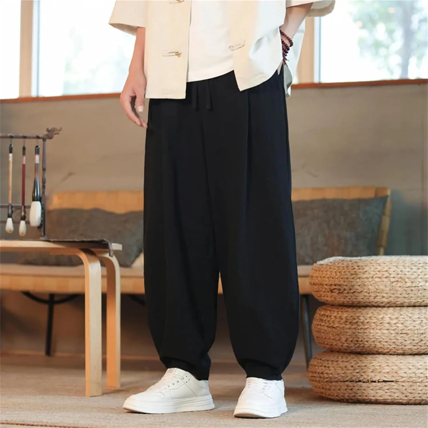 Men's Cotton Linen Harem Pants Loose Large Jogging Sweatpants Streetwear Sports Beach Trousers