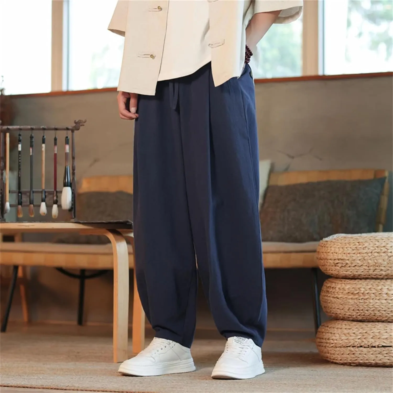 Men's Cotton Linen Harem Pants Loose Large Jogging Sweatpants Streetwear Sports Beach Trousers