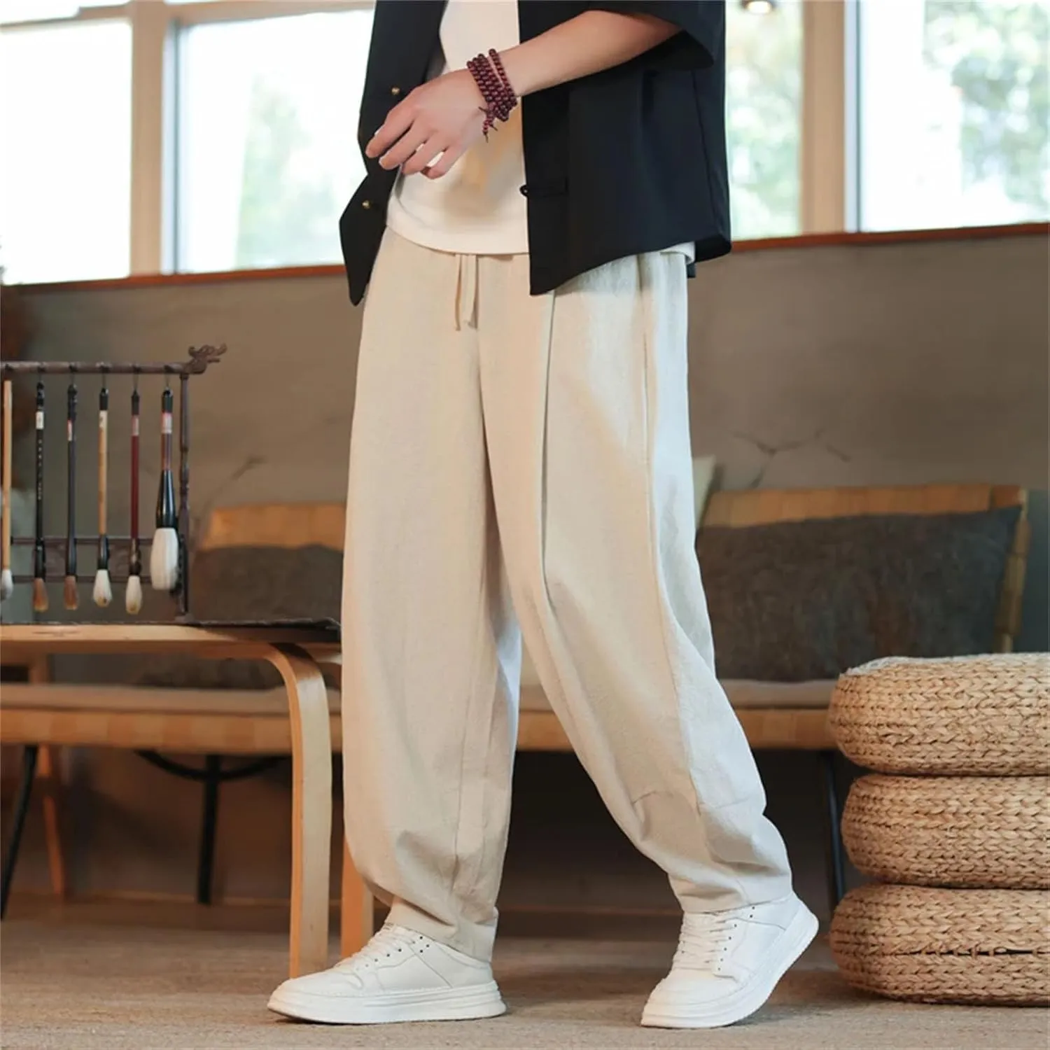 Men's Cotton Linen Harem Pants Loose Large Jogging Sweatpants Streetwear Sports Beach Trousers