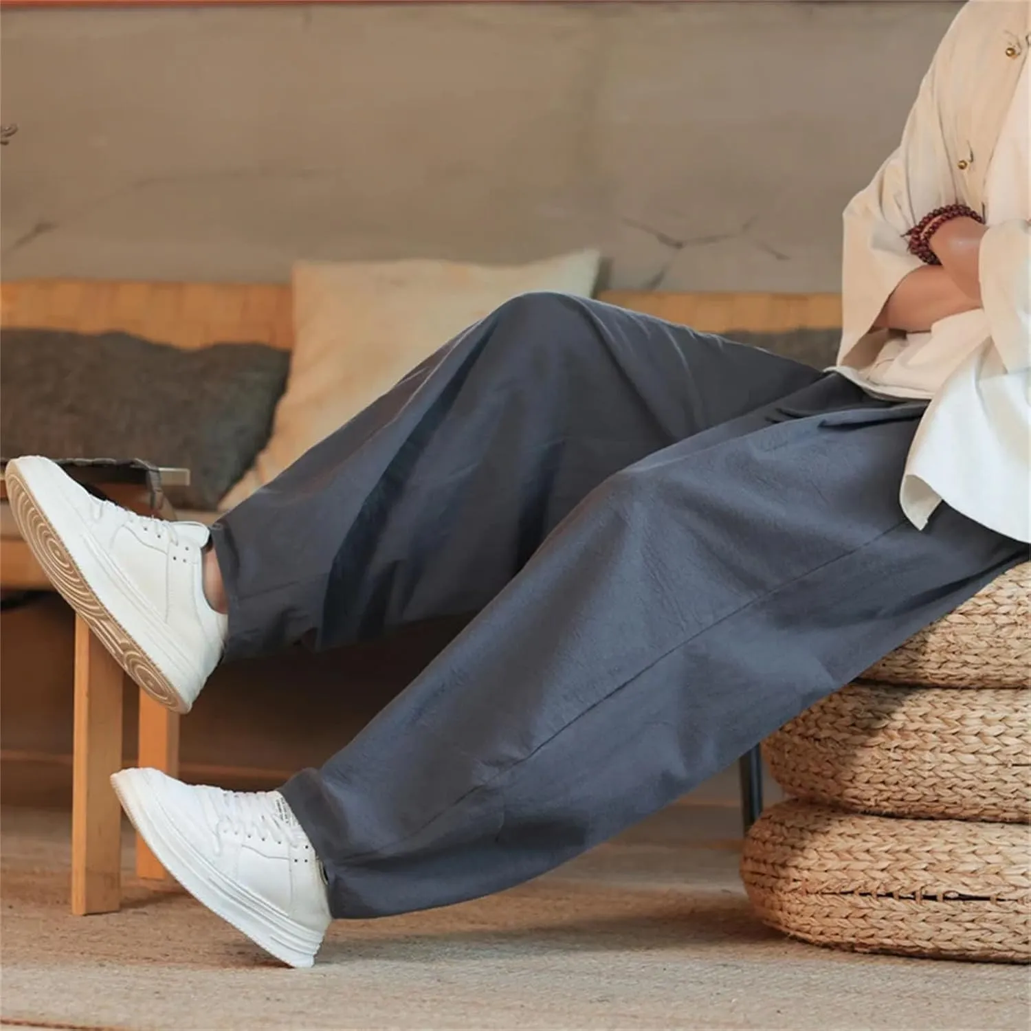 Men's Cotton Linen Harem Pants Loose Large Jogging Sweatpants Streetwear Sports Beach Trousers
