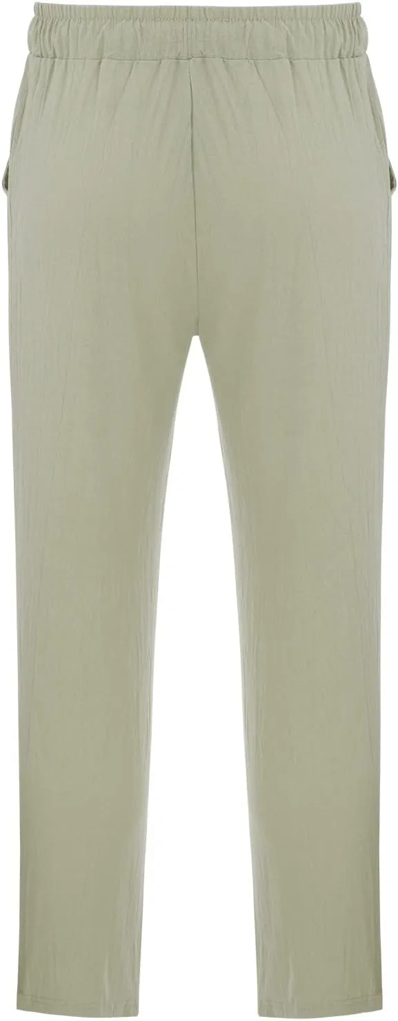 Mens Fashion Casual Solid Color Cotton and Linen Pants Elastic Waist Drawstring Pants Trousers with Pockets