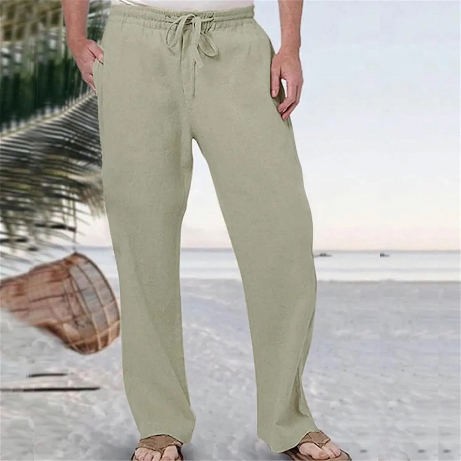 Mens Fashion Casual Solid Color Cotton and Linen Pants Elastic Waist Drawstring Pants Trousers with Pockets