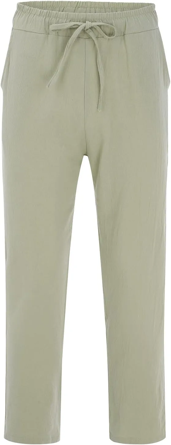 Mens Fashion Casual Solid Color Cotton and Linen Pants Elastic Waist Drawstring Pants Trousers with Pockets
