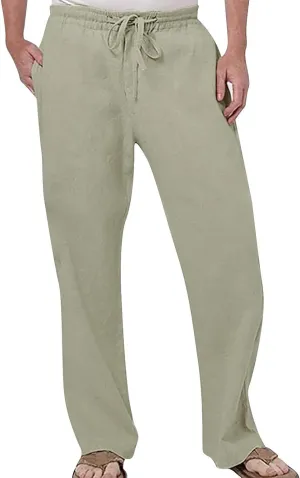 Mens Fashion Casual Solid Color Cotton and Linen Pants Elastic Waist Drawstring Pants Trousers with Pockets