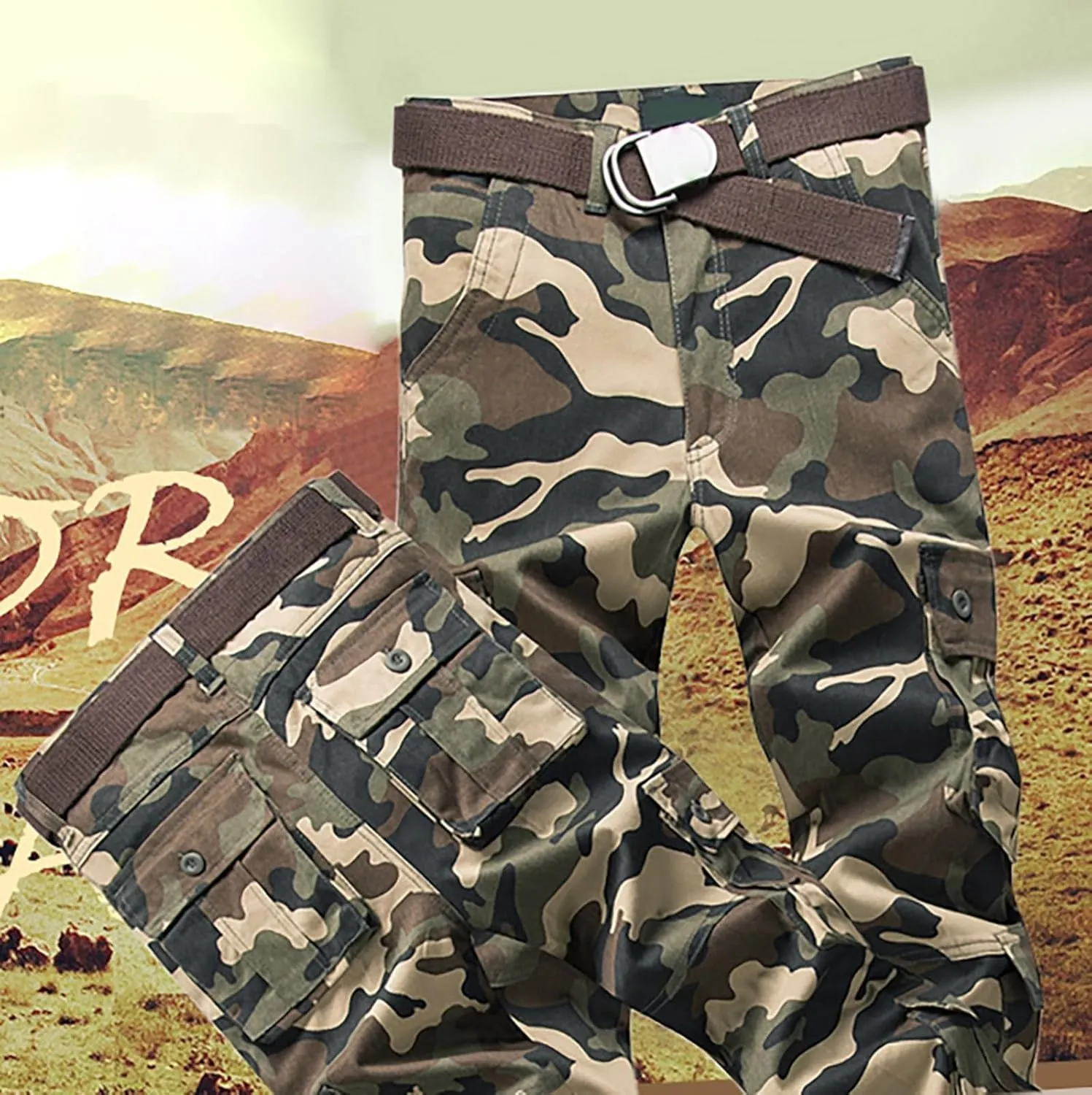 Mens Hiking Pants,Camo Military Hunting Combat Work Pants with Multi Pockets,Loose Fit Casual Cargo Pants,Comfy Tactical Pant