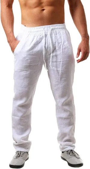 Men's Linen Pants Casual Long Pants - Loose Lightweight Drawstring Yoga Beach Trousers Casual Trousers