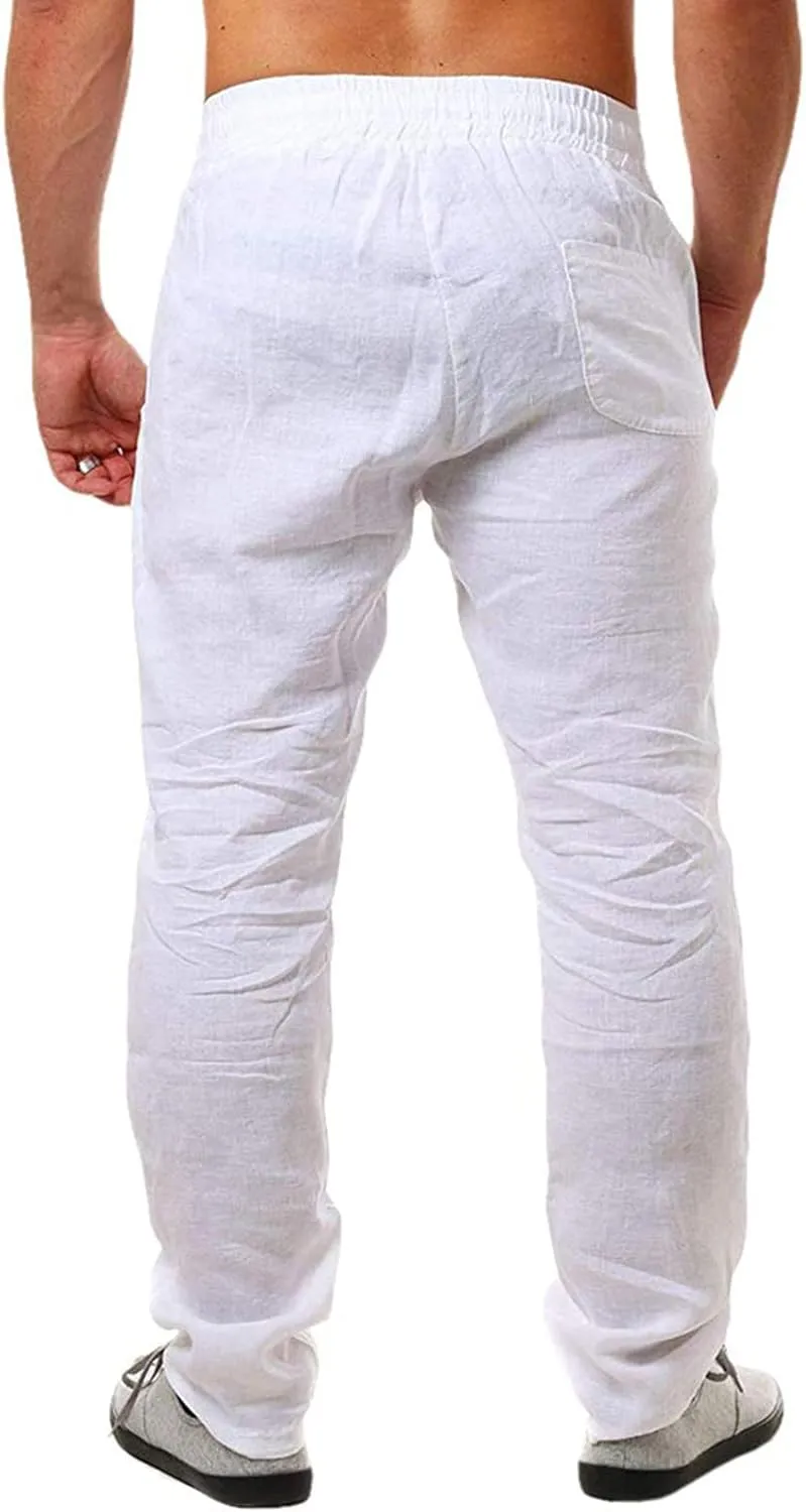 Men's Linen Pants Casual Long Pants - Loose Lightweight Drawstring Yoga Beach Trousers Casual Trousers