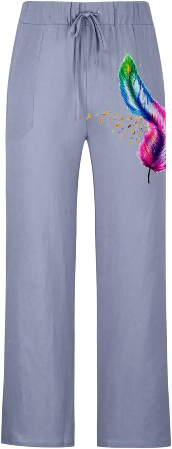 Mens Linen Printed Pants Elastic Waist Drawstring Lightweight Trouser Casual Yoga Summer Beach Pant with Pockets