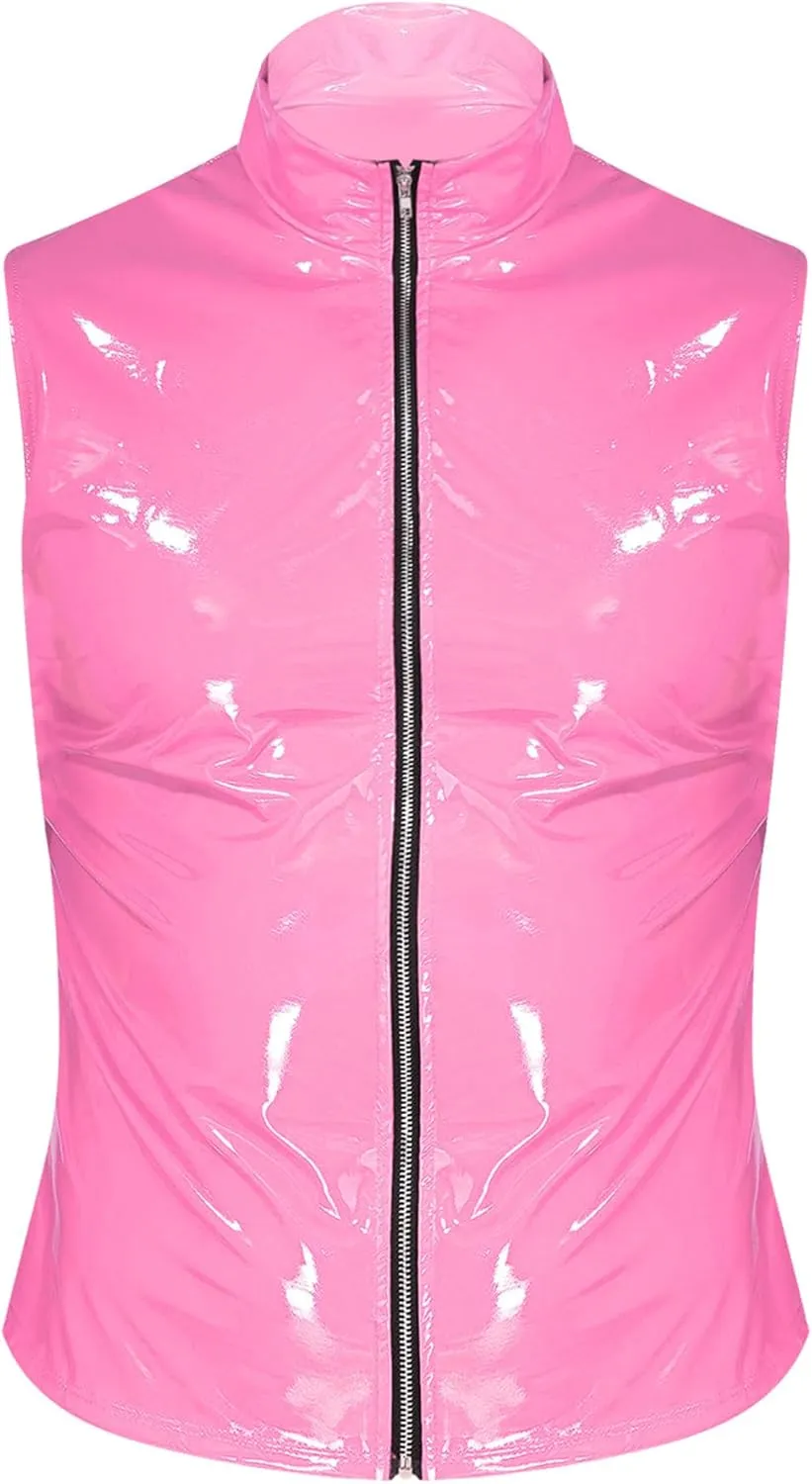 Mens Sleeveless PVC Leather Zipper Jacket Wet Look Stand Collar Vest Slim Fit Tank Tops