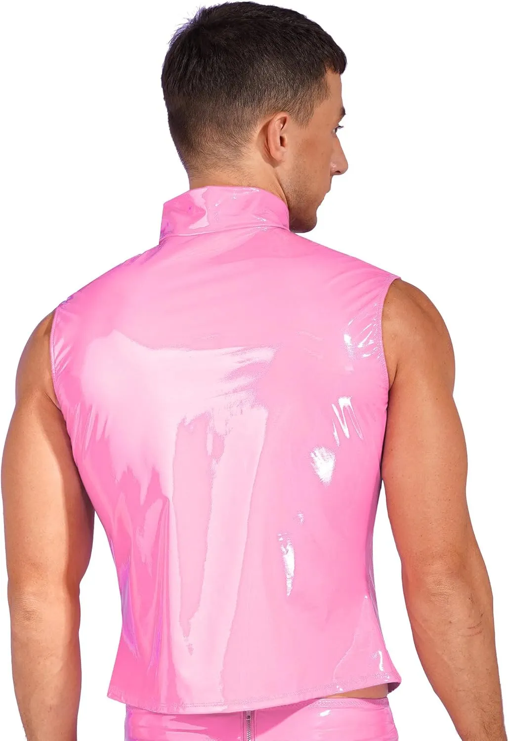 Mens Sleeveless PVC Leather Zipper Jacket Wet Look Stand Collar Vest Slim Fit Tank Tops