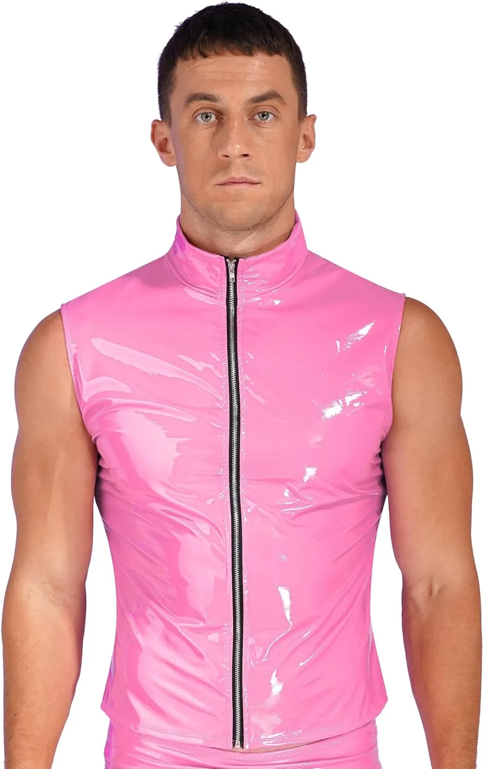Mens Sleeveless PVC Leather Zipper Jacket Wet Look Stand Collar Vest Slim Fit Tank Tops