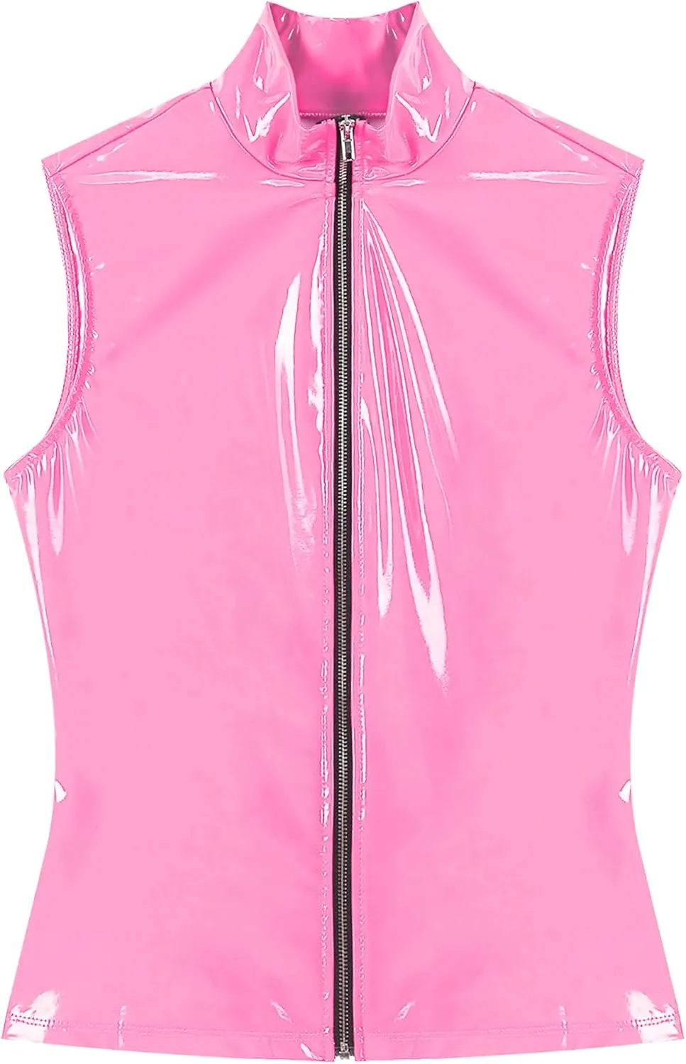 Mens Sleeveless PVC Leather Zipper Jacket Wet Look Stand Collar Vest Slim Fit Tank Tops