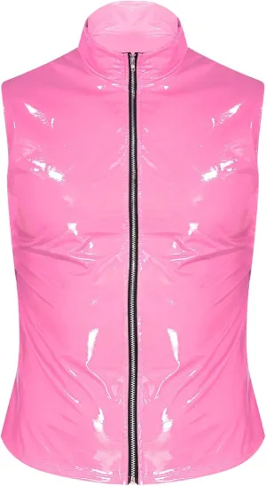 Mens Sleeveless PVC Leather Zipper Jacket Wet Look Stand Collar Vest Slim Fit Tank Tops