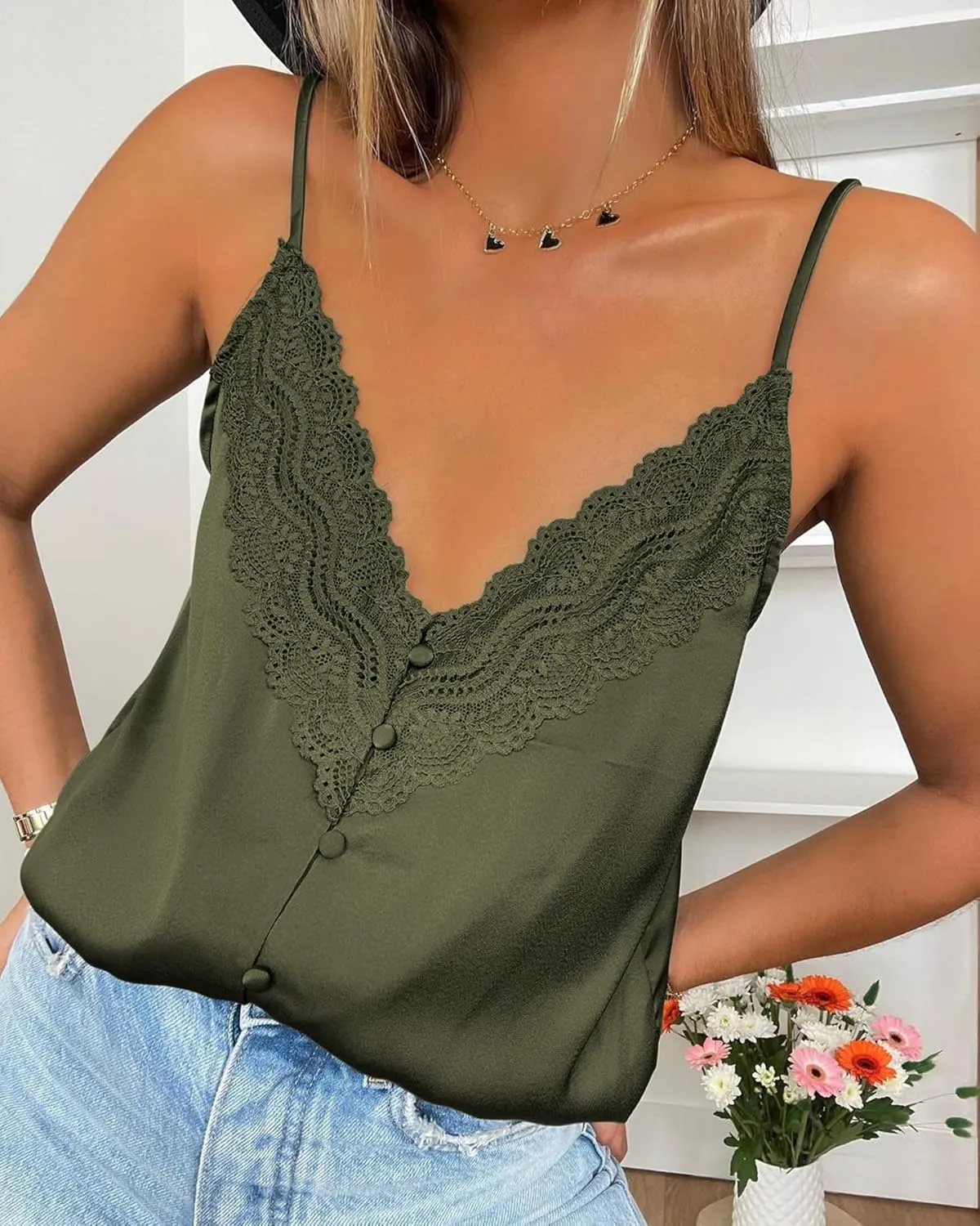 miduo Womens Satin V Neck Lace Trim Buttoned Cami Spaghetti Strap Camisole Sleeveless Tank Tops