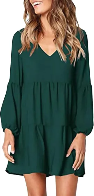Mini Dresses for Women,2024 Summer Trendy Ruched Ruffle Babydoll Dress,Casual Loose V Neck Long Sleeve Beach Dress
