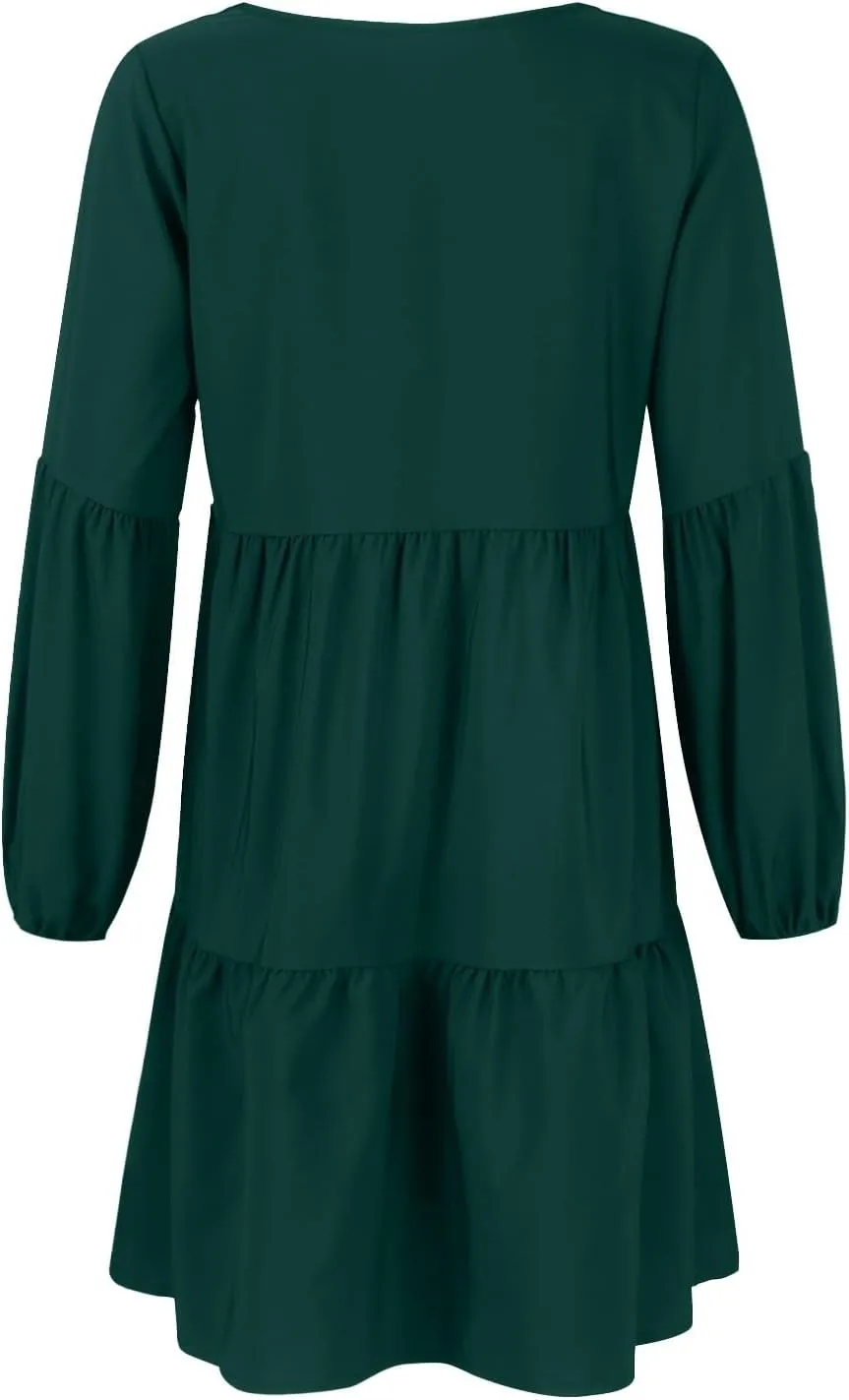 Mini Dresses for Women,2024 Summer Trendy Ruched Ruffle Babydoll Dress,Casual Loose V Neck Long Sleeve Beach Dress