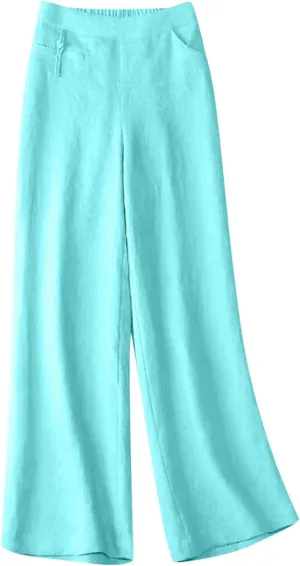 NATHGAM Linen Pants for Women Summer, Elastic High Waisted Straight Trousers Loose Sweat Wide Leg Pants Casual Beach Pants