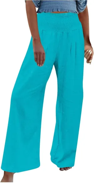 NATHGAM Womens Summer Flowy Cotton Linen Palazzo Pants Beach Smocked High Waisted Lounge Wide Leg Trousers Long with Pockets