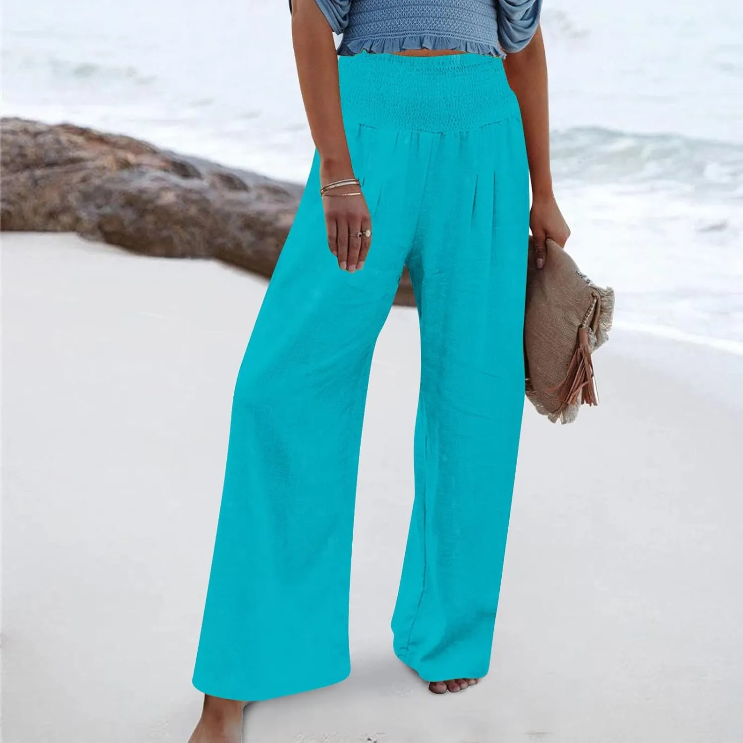 NATHGAM Womens Summer Flowy Cotton Linen Palazzo Pants Beach Smocked High Waisted Lounge Wide Leg Trousers Long with Pockets