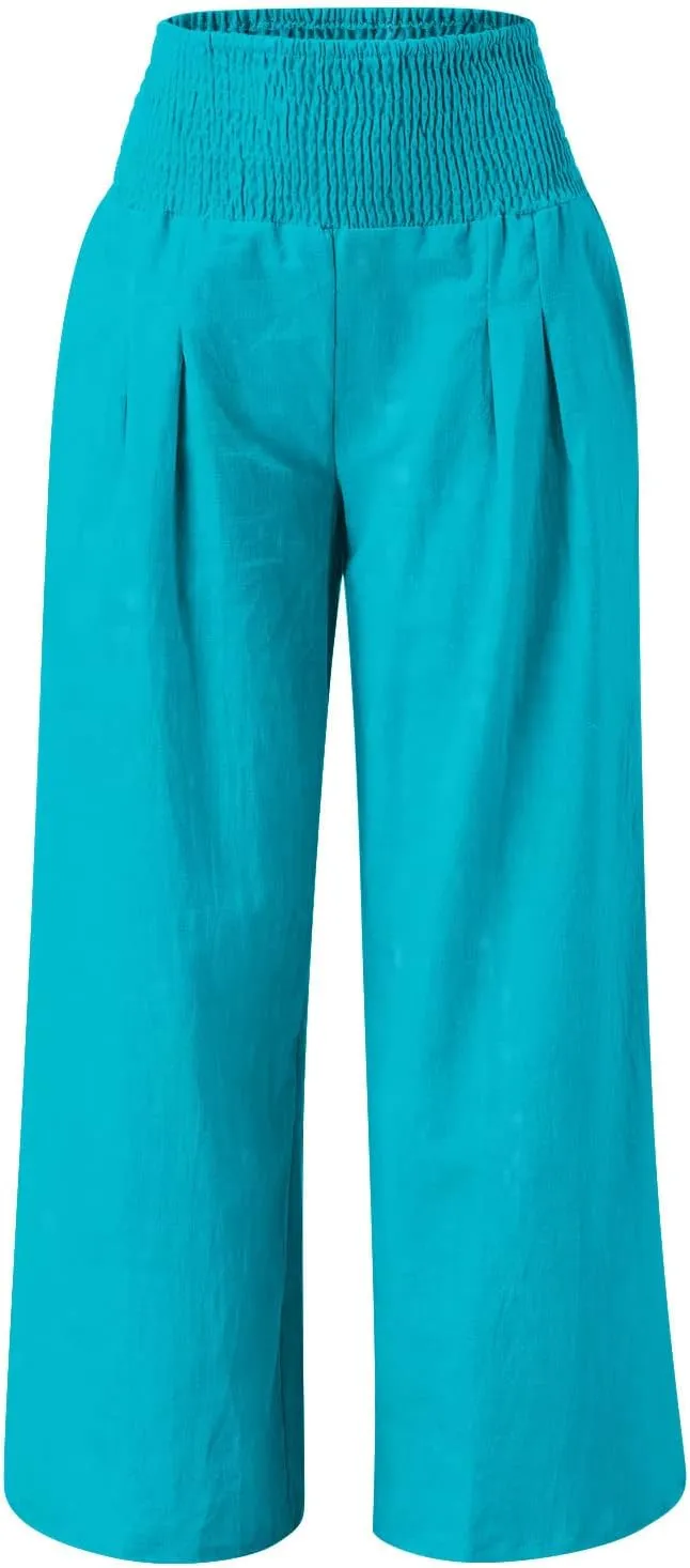 NATHGAM Womens Summer Flowy Cotton Linen Palazzo Pants Beach Smocked High Waisted Lounge Wide Leg Trousers Long with Pockets