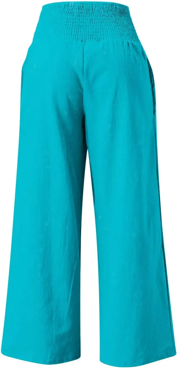 NATHGAM Womens Summer Flowy Cotton Linen Palazzo Pants Beach Smocked High Waisted Lounge Wide Leg Trousers Long with Pockets