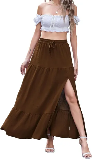 Newchoice Women's Flowy Maxi Skirt with Slit Elastic High Waisted Casual Summer Long Skirts