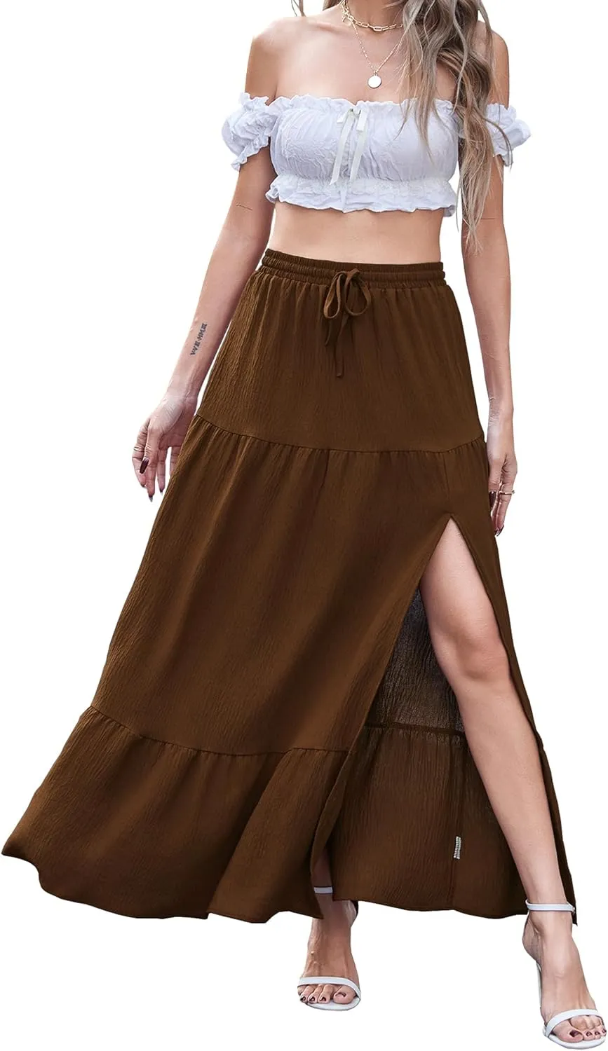 Newchoice Women's Flowy Maxi Skirt with Slit Elastic High Waisted Casual Summer Long Skirts