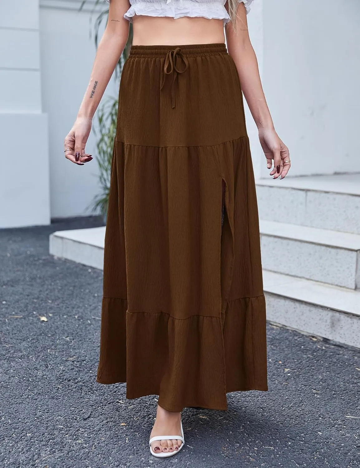Newchoice Women's Flowy Maxi Skirt with Slit Elastic High Waisted Casual Summer Long Skirts