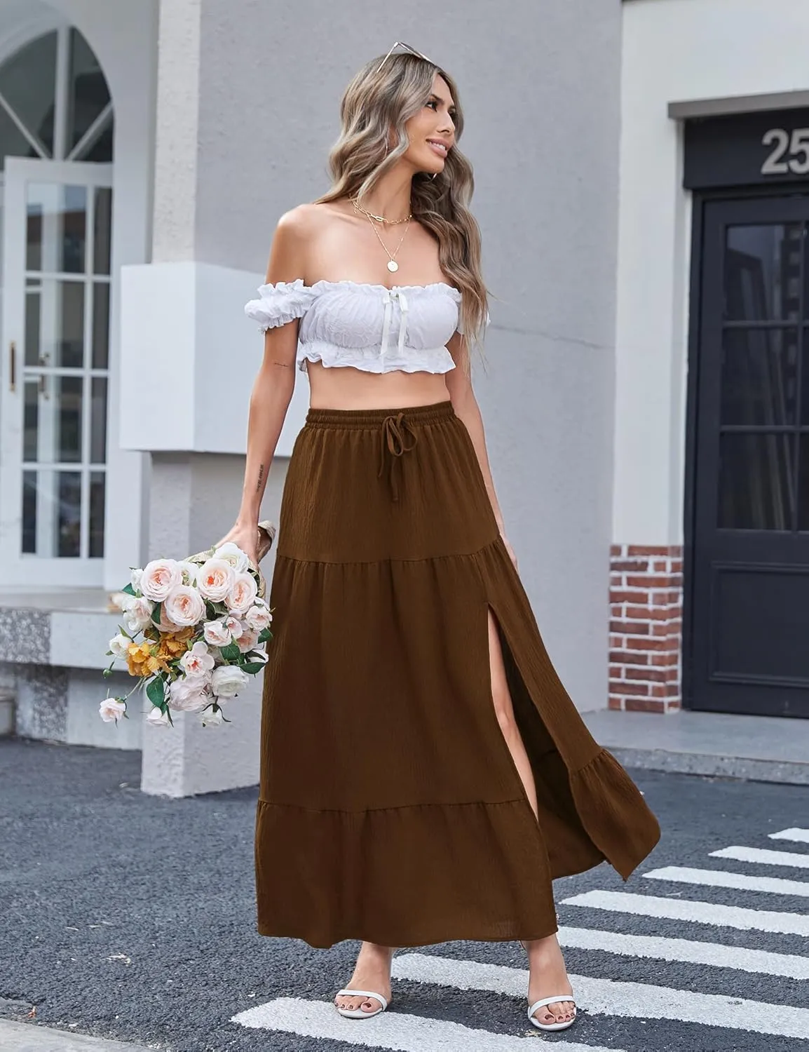 Newchoice Women's Flowy Maxi Skirt with Slit Elastic High Waisted Casual Summer Long Skirts