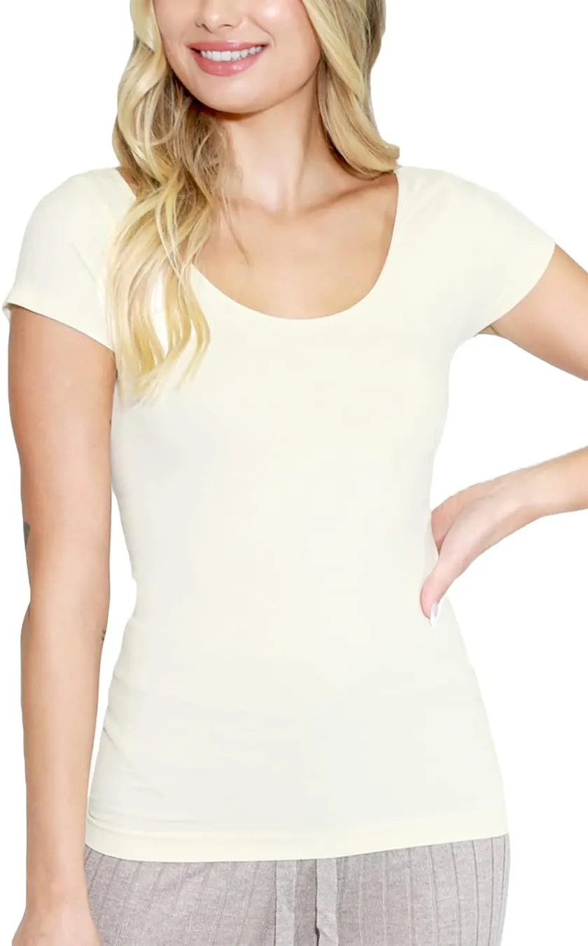 NIKIBIKI Women Seamless Cap Sleeve Scoop Neck Fitted Top, Made in U.S.A, One Size