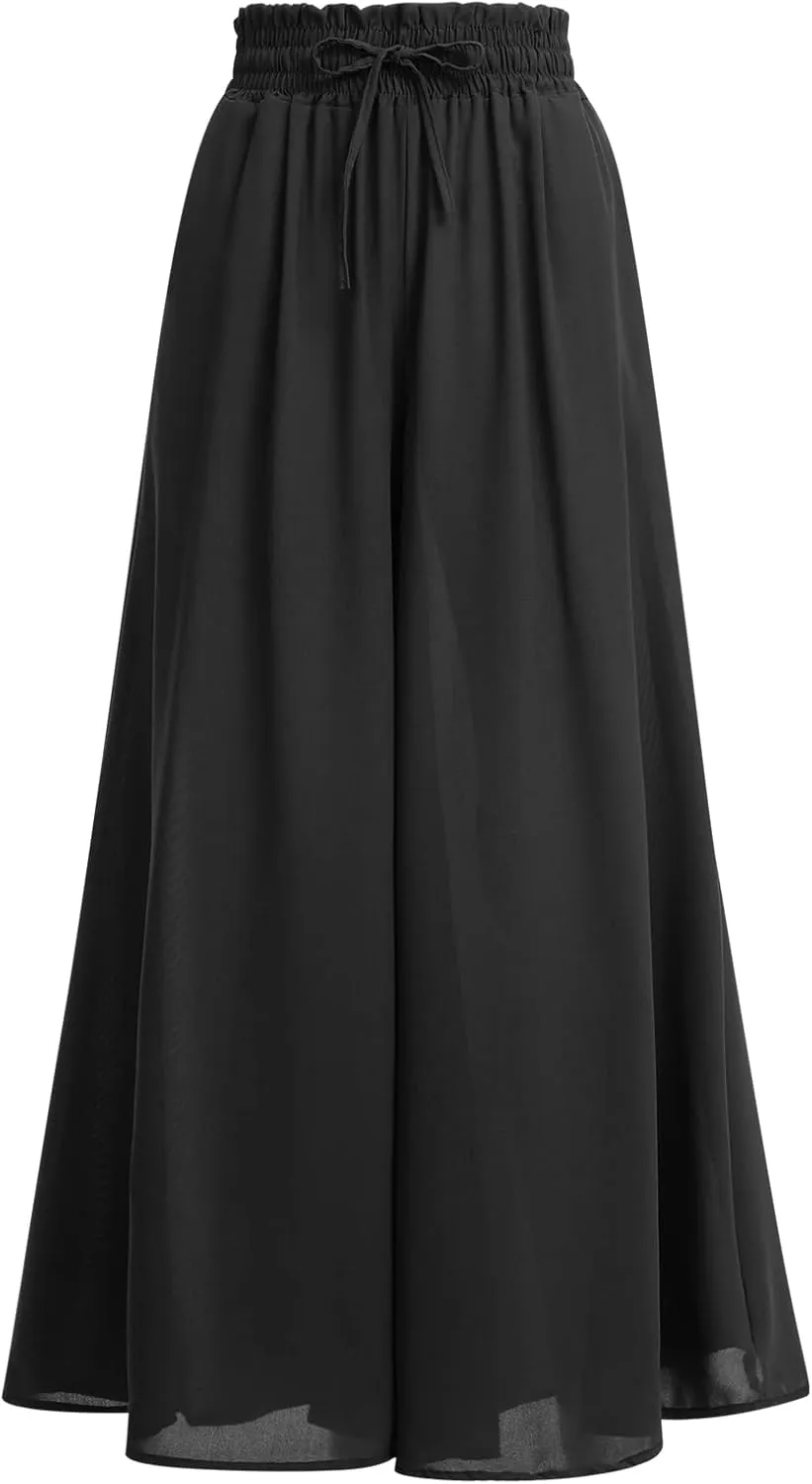 OBEEII Womens High Waist Chiffon Pants Boho Flowy Wide Leg Casual Palazzo Trousers