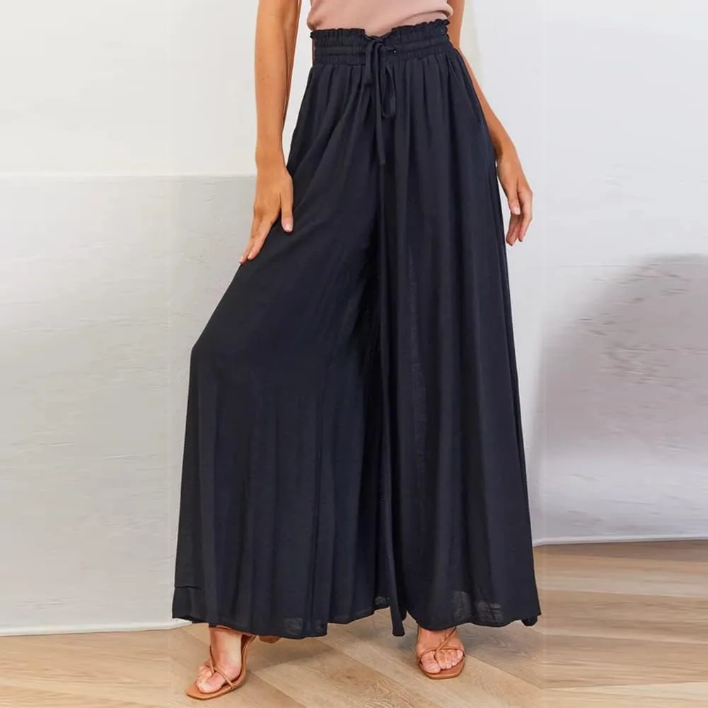 OBEEII Womens High Waist Chiffon Pants Boho Flowy Wide Leg Casual Palazzo Trousers