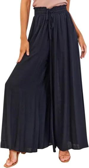 OBEEII Womens High Waist Chiffon Pants Boho Flowy Wide Leg Casual Palazzo Trousers