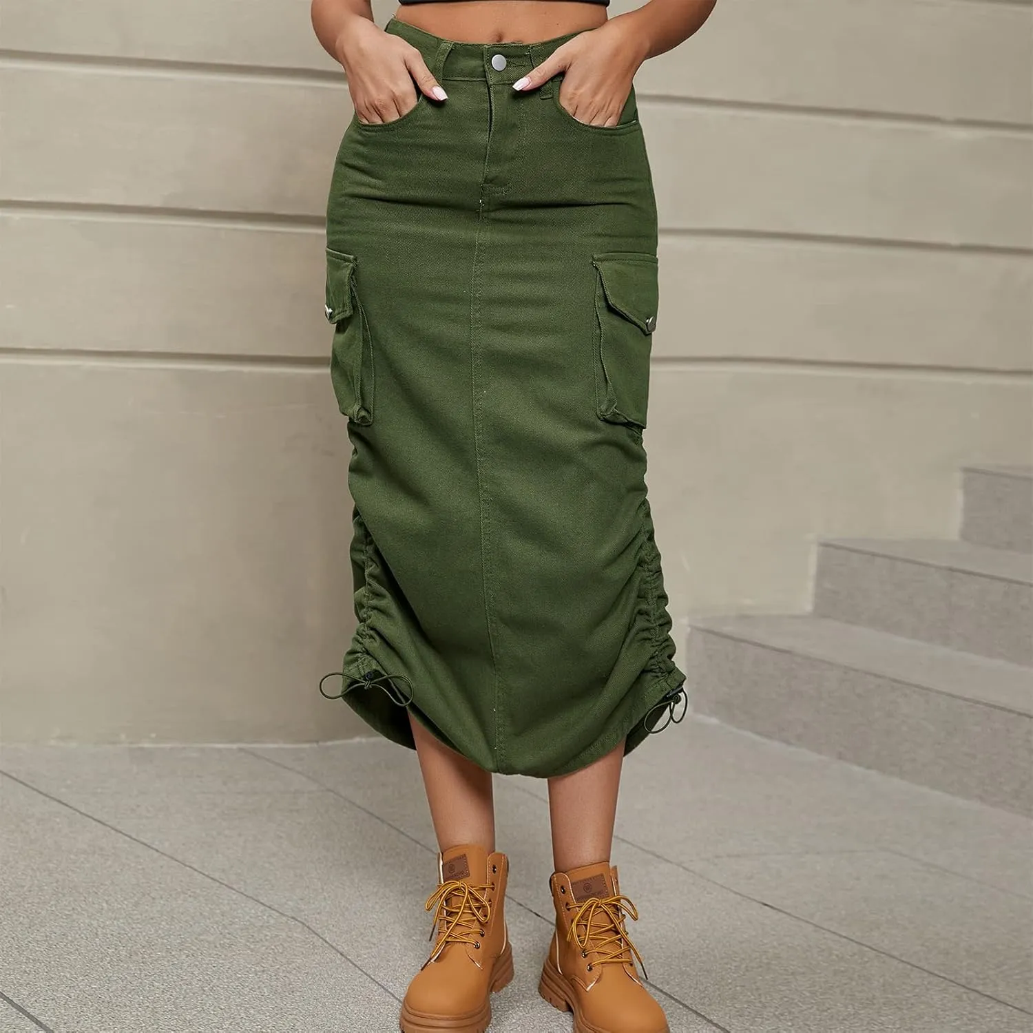 ODASDO Long Cargo Skirts for Women Denim Skirts Split Back Drawstring Maxi Skirt Casual Cargo Skirt with Pockets