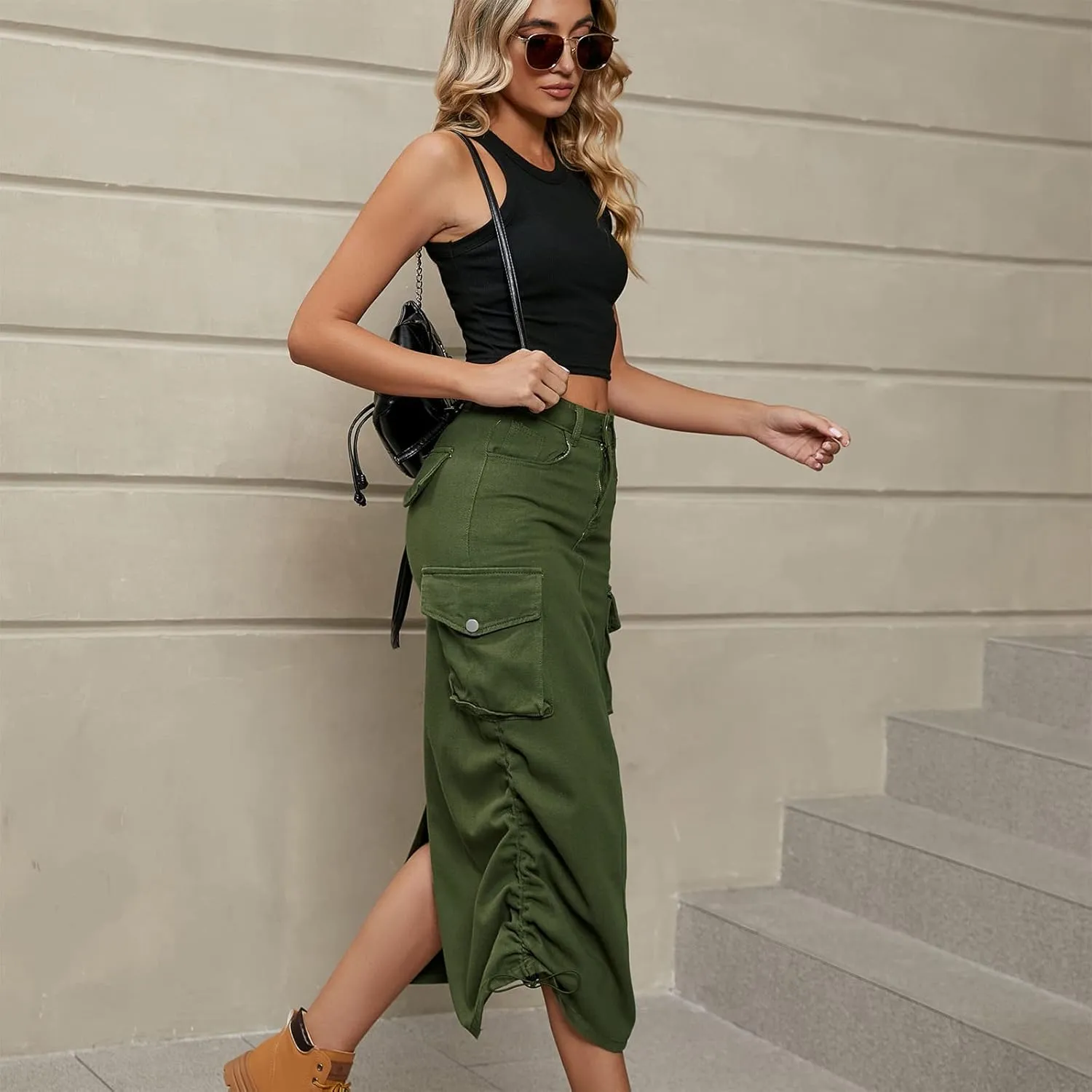 ODASDO Long Cargo Skirts for Women Denim Skirts Split Back Drawstring Maxi Skirt Casual Cargo Skirt with Pockets