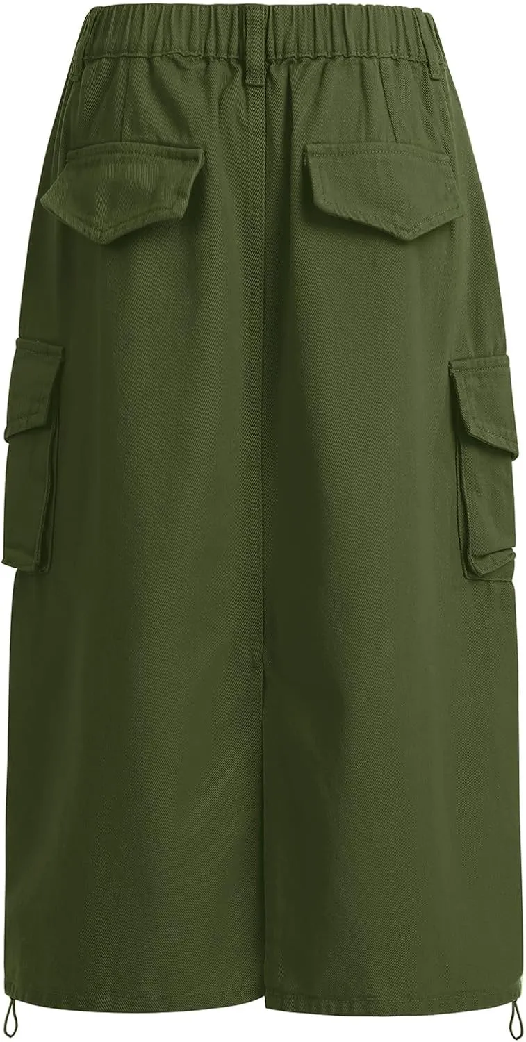 ODASDO Long Cargo Skirts for Women Denim Skirts Split Back Drawstring Maxi Skirt Casual Cargo Skirt with Pockets