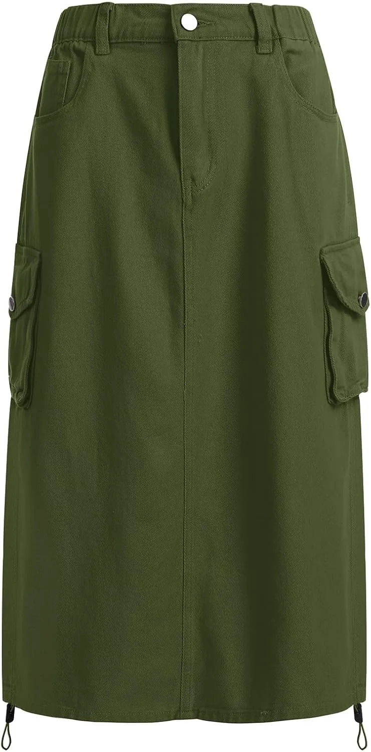 ODASDO Long Cargo Skirts for Women Denim Skirts Split Back Drawstring Maxi Skirt Casual Cargo Skirt with Pockets
