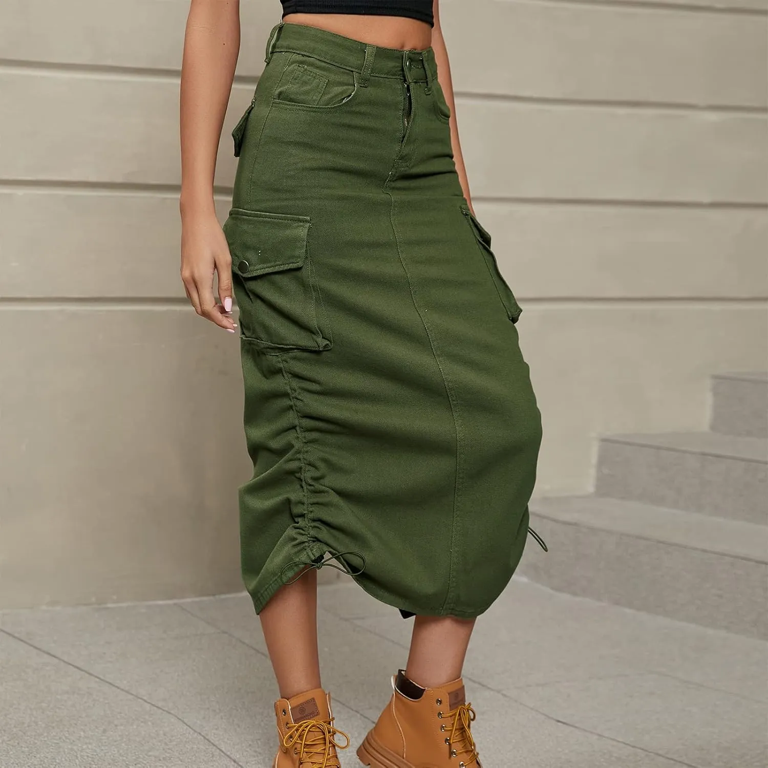 ODASDO Long Cargo Skirts for Women Denim Skirts Split Back Drawstring Maxi Skirt Casual Cargo Skirt with Pockets