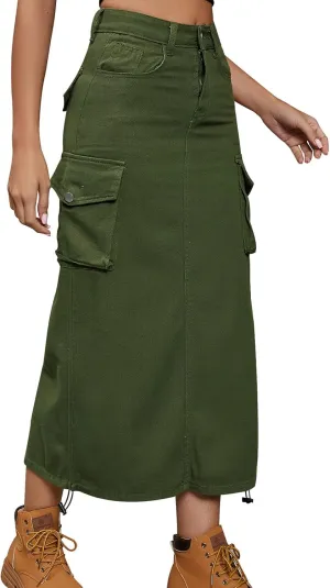 ODASDO Long Cargo Skirts for Women Denim Skirts Split Back Drawstring Maxi Skirt Casual Cargo Skirt with Pockets