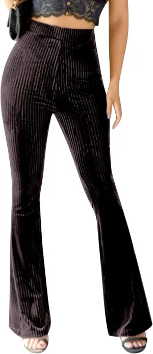 ODIZLI Women Velvet High Waisted Wide Leg Palazzo Flare Pants Solid Long Trousers