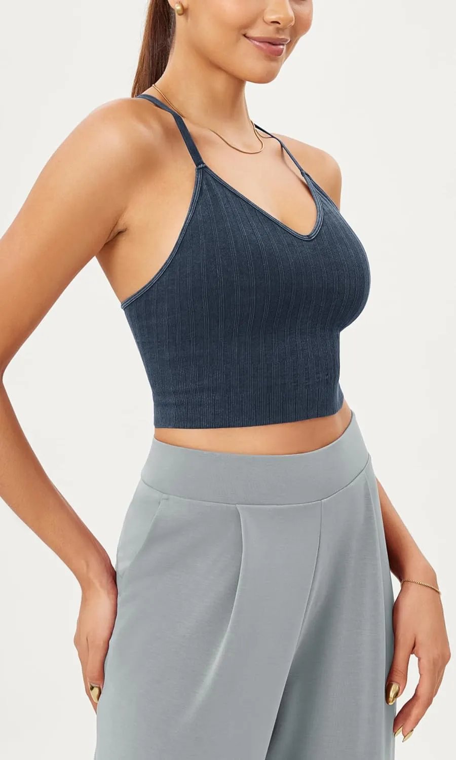 ODODOS Seamless Padded Sports Bra for Women Strappy Longline Wirefree Brami Ribbed Crop Tank Tops