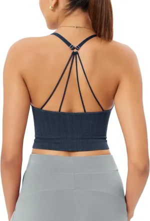 ODODOS Seamless Padded Sports Bra for Women Strappy Longline Wirefree Brami Ribbed Crop Tank Tops