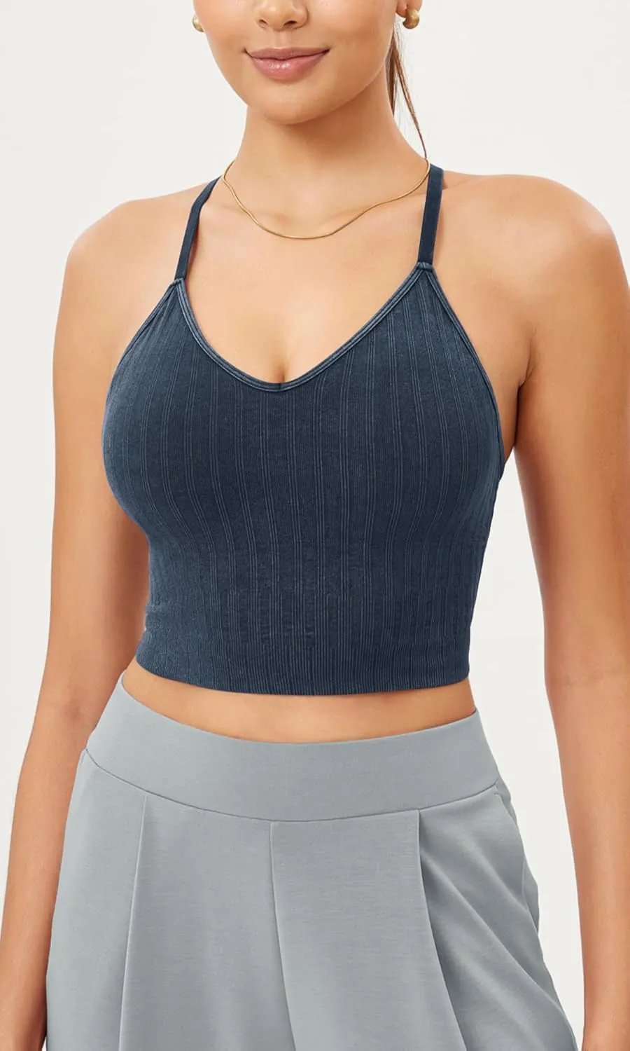 ODODOS Seamless Padded Sports Bra for Women Strappy Longline Wirefree Brami Ribbed Crop Tank Tops